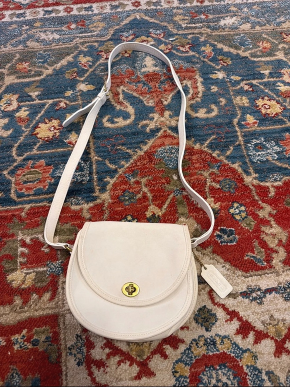 Coach Vintage White Leather Saddle Crossbody with Gold Turn-Lock